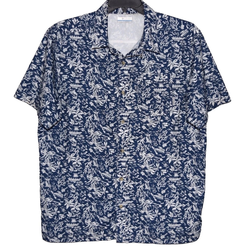 Columbia Sportswear Mens Short Sleeve Button Up Blue White Tropical Print Size L
